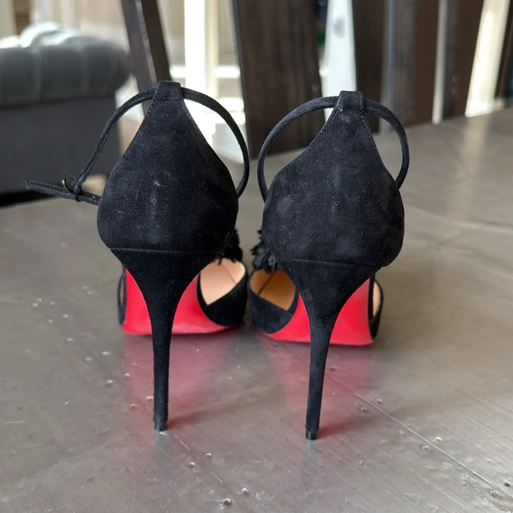 Christian Louboutin tsarou 100mm black suede stiletto pom Pom sz 38